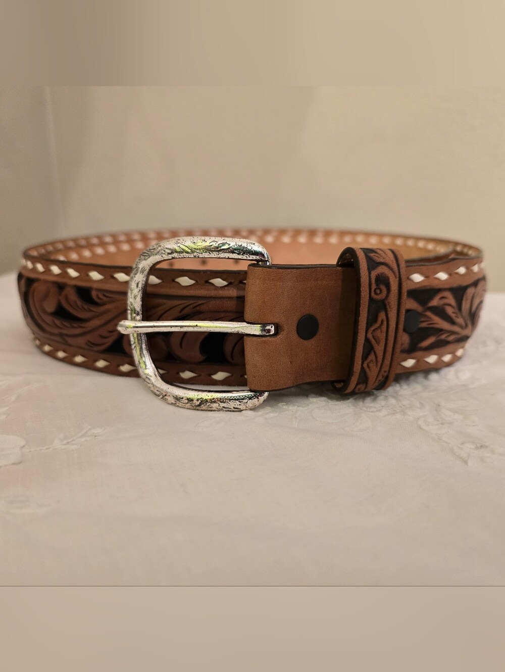 Justin's Brand Brown Leather Belt with White Stitching and Silver Buckle Size 42